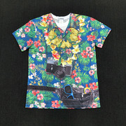 欧美男士3d立体印花圆领短袖创意，仿真短袖t恤夏威夷衬衫相机套装