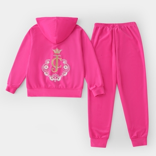 2024春秋女大童，女孩时尚玫粉色天鹅绒套装，时髦运动服两件套