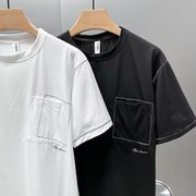 白色明线贴布口袋短袖t恤男2023夏季潮流，微宽松休闲圆领半袖体恤