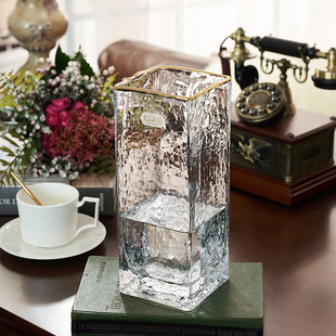 锤纹方口花瓶透明描金玻璃花瓶，客厅创意欧式简约插花工艺品摆件