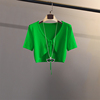 绿色复古系带披肩短袖针织小开衫女夏季短款高腰薄款配裙外搭上衣