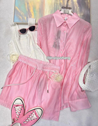 2024新中式国风女装精致粉色刺绣衬衫短裤质感高定套装欧货烫钻潮