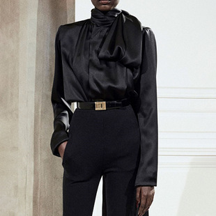 欧美风黑色缎面长袖上衣 2024时尚气质设计感系带款女式衬衫