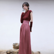 新中式国风欧根纱套装裙小个子长款红色连衣裙两件套