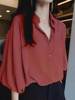 法式复古红色宽松雪纺五分，袖衬衫女夏季薄款真丝，设计感灯笼袖上衣