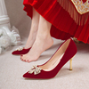 红色婚鞋女秀禾服两穿细高跟，新娘鞋2023年孕妇粗跟中式礼服鞋