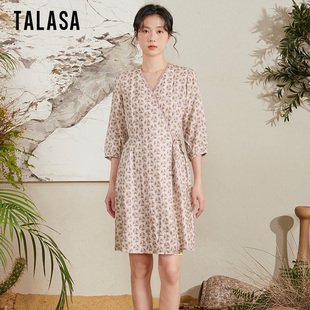 TALASA亚麻复古印花连衣裙2024年夏中式设计系带显瘦优雅中裙
