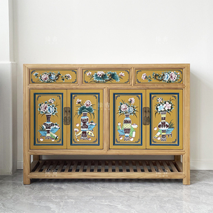 新中式实木家具榆木手绘玄关柜储物仿古鞋柜整装带抽屉现代中式柜