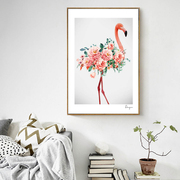北欧餐厅装饰画简约彩绘披鲜花的火烈鸟粉色挂画热带植物动物画