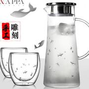 耐高温凉水壶带把手刻花透明玻璃，冷水壶耐热茶壶套装家用花茶壶