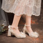 法式粗跟高跟鞋女成人礼，2024气质方头公主单鞋，伴娘婚鞋新娘鞋