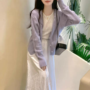 日系紫色镂空毛衣薄款外套，女春夏简约温，柔风开衫气质针织衫上衣