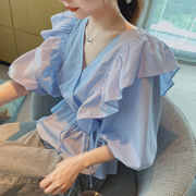 蓝色条纹荷叶边上衣2023韩版夏季短袖V领衬衫女气质女学生