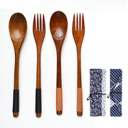 日式缠线木质勺子叉子筷子，三件套长柄实木成人便携勺叉布袋餐具