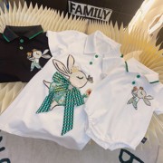亲子装婴儿爬服夏季一家三口母女连衣裙短袖刺绣兔子polo衫度假装