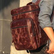 欧美手工复古双肩包男大容量旅行背包，英伦风真皮商务包17寸电脑包