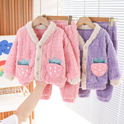 儿童女童钮扣睡衣冬可爱套装珊瑚绒家居服加厚加绒软糯保暖两件套