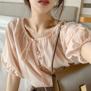 温柔风粉色泡泡袖短袖衬衫女夏季设计感小众雪纺圆领甜美减龄上衣