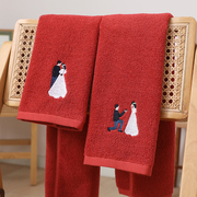 纯棉复古红色毛巾结婚一对婚庆喜字浴巾情侣款，三件套陪嫁伴手礼盒
