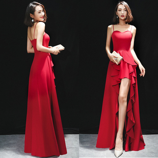 红色连衣裙高贵优雅气质，名媛性感吊带裙，宴会修身长款晚礼服女