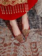 新娘结婚鞋女红色细高跟鞋2023年夏水钻孕妇粗跟低中式礼服鞋