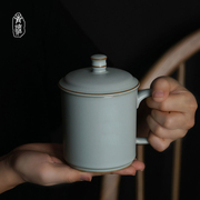 汝窑办公杯景德镇陶瓷杯带盖手工青瓷茶杯开片可养礼盒装家用水杯
