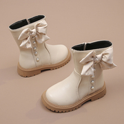 女童靴子冬款2023单靴女童，珍珠短靴洋气，公主皮靴加绒中筒靴棉