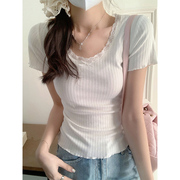 白色蕾丝花边纯欲风短袖T恤女夏季韩版洋气时髦修身短款半袖上衣