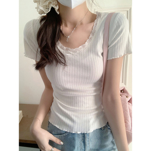 白色蕾丝花边纯欲风短袖，t恤女夏季韩版洋气，时髦修身短款半袖上衣