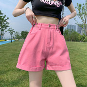 2024夏季玫粉色牛仔短裤女高腰，a字版遮肉热裤卷边树莓粉牛仔裤子
