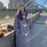 紫色菱格羽绒棉服女中长款冬季2023韩系小众，设计甜美棉衣棉袄