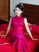 新中式晨袍女新娘火龙果红色，旗袍无袖结婚礼，敬酒服礼服婚礼长款冬