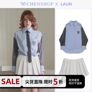 laun时尚简约蓝色，拼接袖刺绣衬衫白色百褶短裙，chenshop设计师品牌