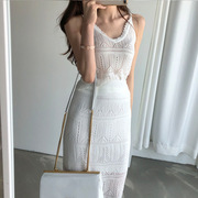 韩版优雅v领chic复古镂空吊带，针织衫+高腰，显瘦中长款半身裙套装女