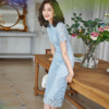 春夏高端蕾丝蓝色连衣裙474短袖，气质法式高腰，透气小个子洋气a字裙