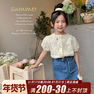 mini旦女童装短袖衬衫2023夏季韩版名媛风气质泡泡袖蕾丝上衣