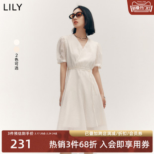 lily秋女装优雅气质纯色，显瘦v领浪漫泡泡袖高腰款连衣裙