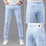 浅蓝牛仔裤男士直筒夏季超薄高弹力水洗青年工装百搭免烫凉感长裤