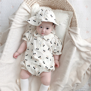 韩国童装婴儿女宝宝夏装樱桃，纯棉短袖连体衣爬服包屁哈衣帽子套装