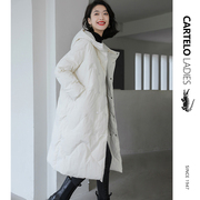 鳄鱼白色连帽中长款羽绒服，女冬季韩版休闲高端小个子长款棉服