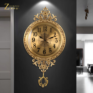 欧式黄铜时钟静音挂钟客厅美式北欧时钟时尚家用石英钟表大号挂表
