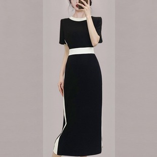 法式高级感黑白拼接连衣裙，2023夏季女装气质，名媛圆领收腰裙子