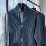 蓝色毛衣男春秋季潮牌慵懒风，高级感宽松休闲高领，针织开衫外套