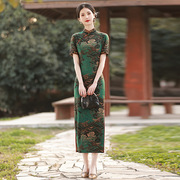 少女改良旗袍中国风2023春季绿色复古修身双层短袖气质连衣裙
