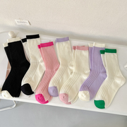 糖果色袜子女夏季镂空网眼中筒袜，撞色堆堆袜，夏天薄款透气纯色棉袜