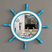欧式地中海蓝色圆形化妆镜卫浴室镜玄关镜装饰舵手轮壁挂镜子
