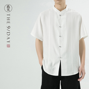 夏季中式男装棉麻中袖衬衫，中国风半袖上衣唐装盘扣短袖衬衣