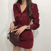 韩系chic秋季优雅气质polo领压褶，设计感长袖，衬衫式包臀连衣裙短裙