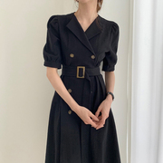 复古西装裙棉麻连衣裙2020韩版女夏中长款修身显瘦双排扣裙子
