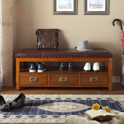 美式乡村真皮实木换鞋凳带抽屉卧室，床尾的凳子储物欧式沙发凳长凳